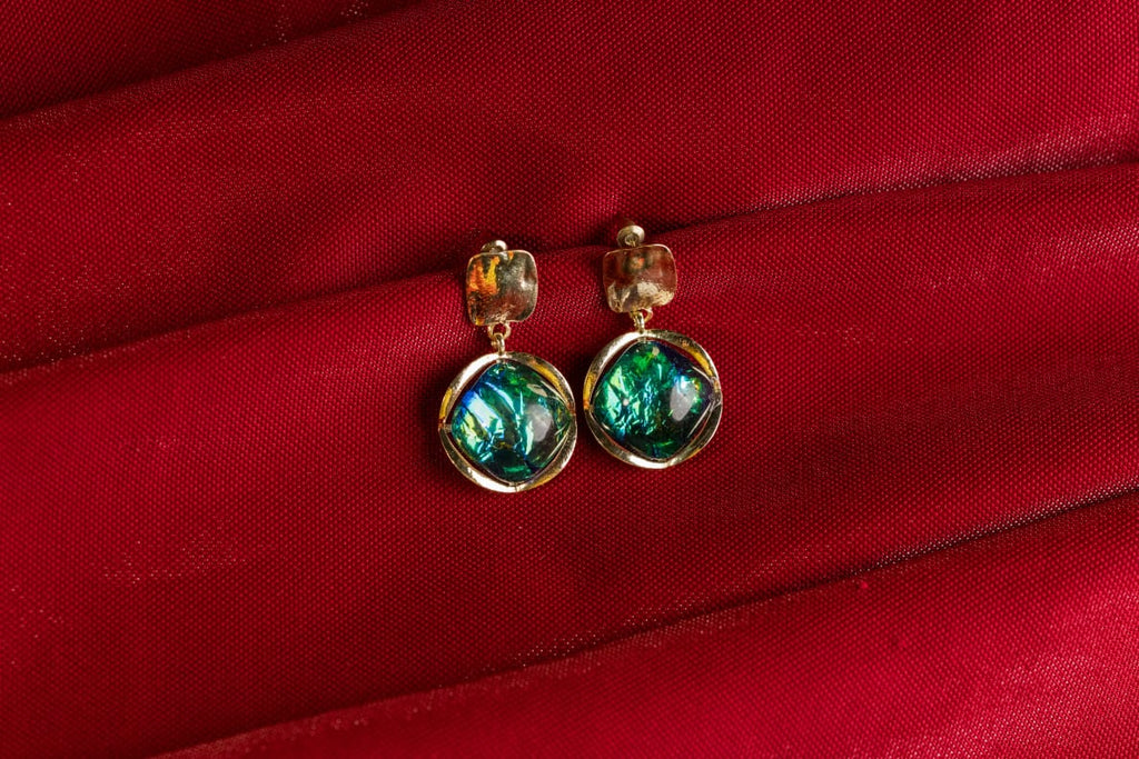 Elegant green blue stone gold plated drop earrings