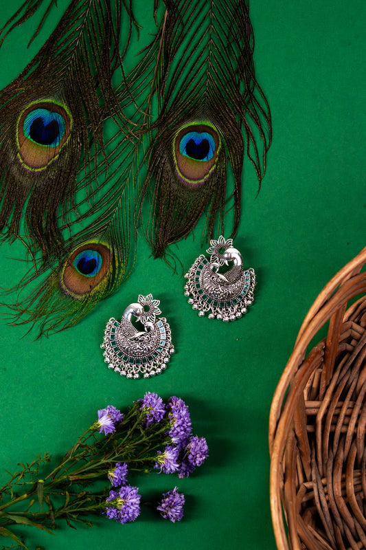 Silver Plated Peacock Design Enamel Artwork With Beads Fashion Antique Oxidised Earring