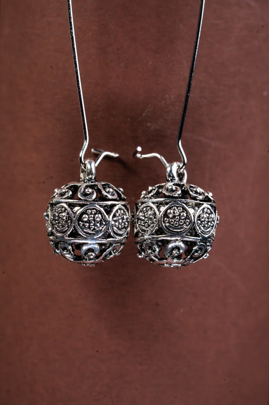 Silver plated long hook closure hanging designed artwork ball antique earring
