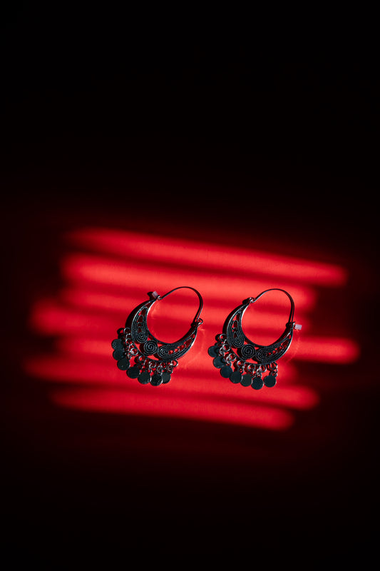 Silver Plated Designed Artwork With Hanging Charms Chandbali Earring