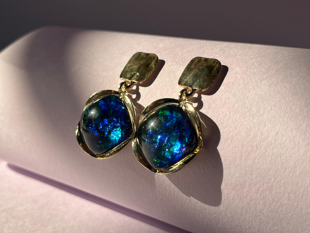 Elegant green blue stone gold plated drop earrings